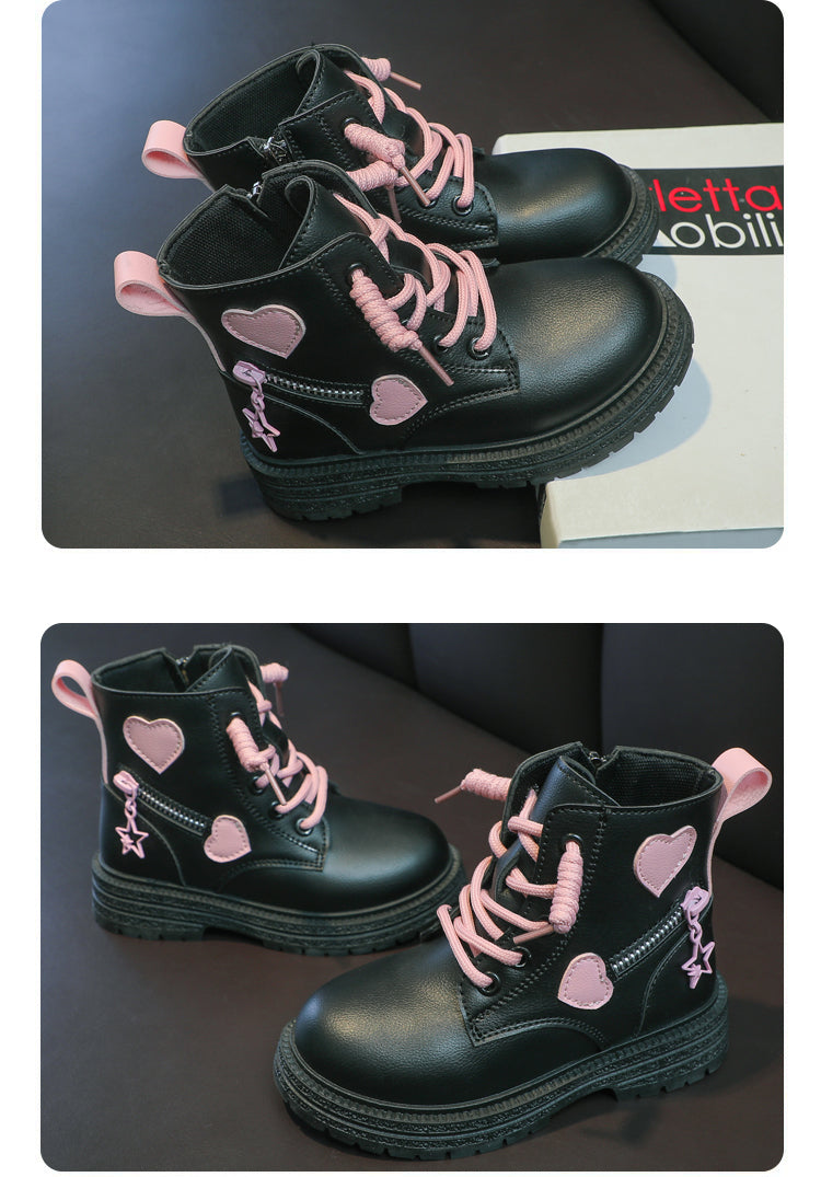 Girls Boots Kids Fashion Rubber Boots Cool Girl Autumn and Winter Cotton Soft Sole Pink with Love Side Zip Princess Round-toe PU