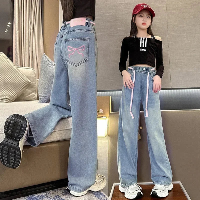 Teenage Girls' Jeans Spring Autumn Kids Korean Casual Pocket Bow Design Denim Pants Fashion Elastic Waist Trousers For Girl