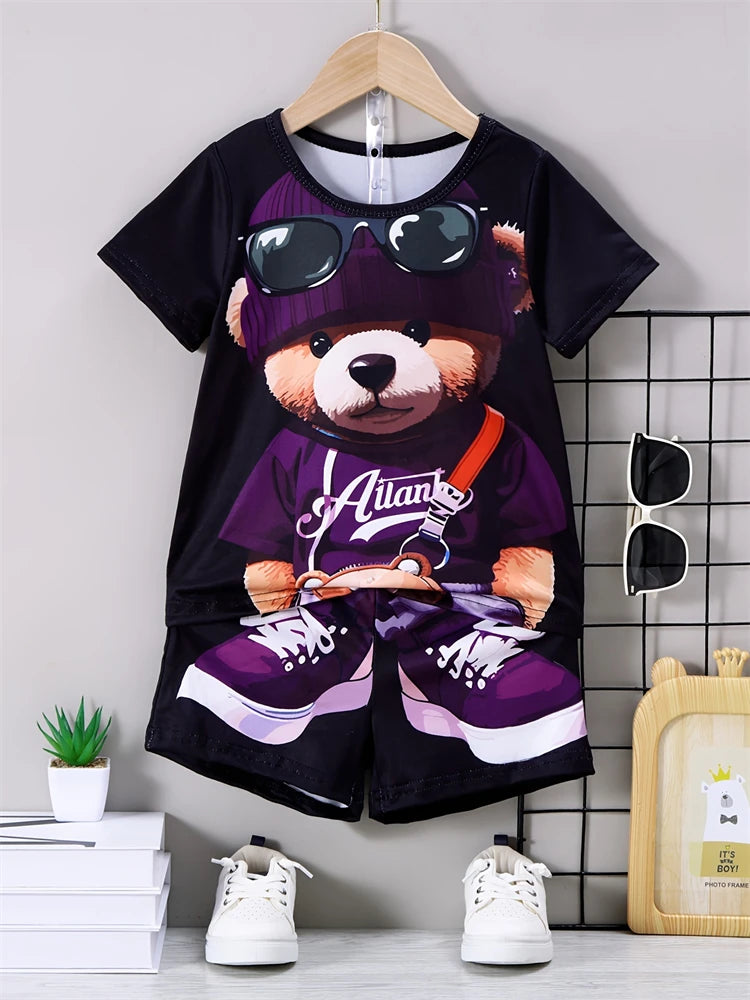 Summer Daily Casual Men's Short-sleeved Outdoor Sports Men's Beach Pants Fashion Bear Print Men's T-shirt And Shorts 2pcs Set