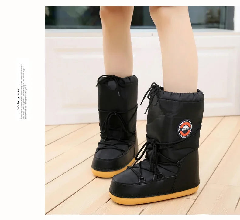 Women Snow Boots Female Winter Platform Flat With Middle Calf Boots Waterproof Non-Slip Lace-Up Black White Warm Skit Boots