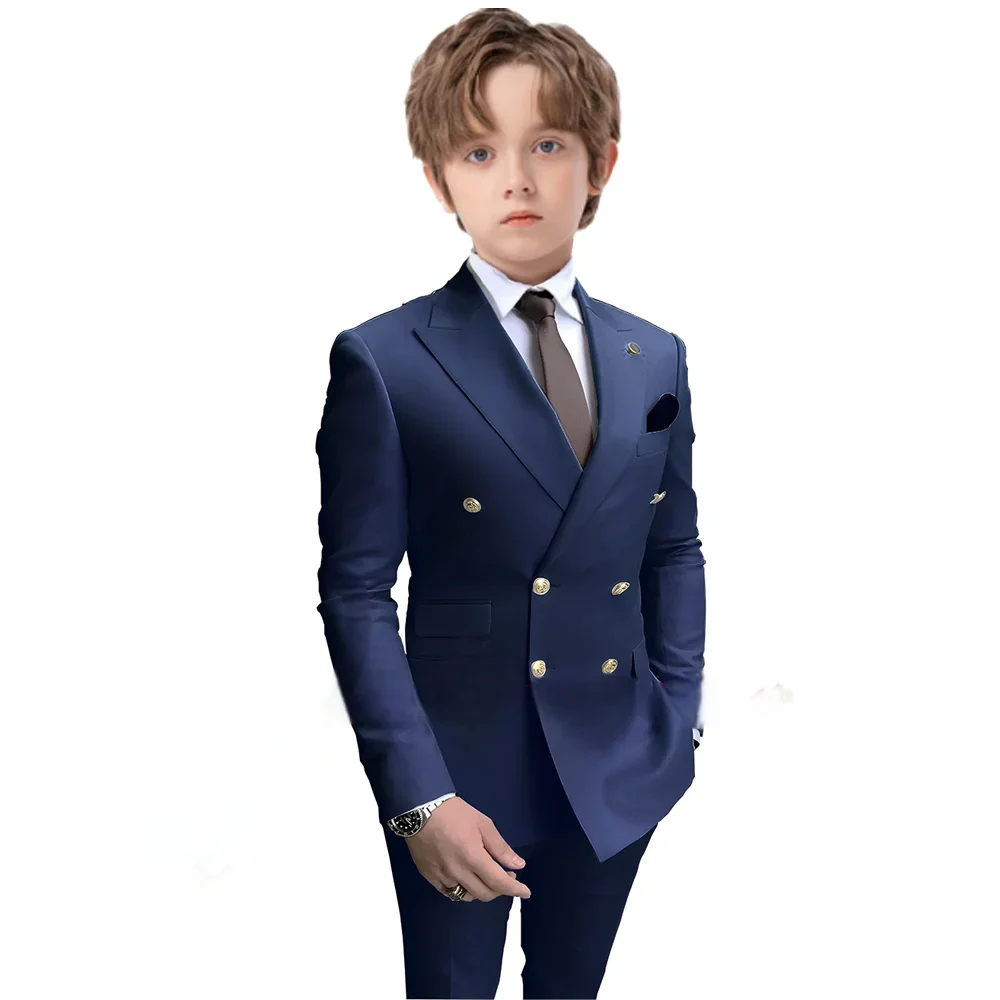 Navy Blue Boys 2 Piece Suit Double Breasted Blazer Kids Wedding Tuxedo Jacket Pants Formal Child Clothes 2-16 Years Old