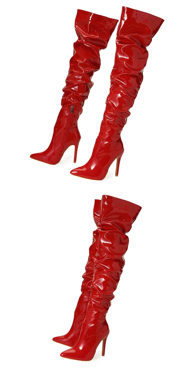 Eilyken Red Women Over The Knee Boots High Heels Patent Leather Solid Pointed Toe Stiletto Side Zipper Sapatos Femininos