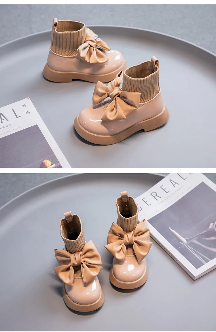 Girls Sock Boots Kids Ankle Boots Non-slip Fashion Bow Elegant Glossy UK Uniform Child School Shoes Casual Socks Boots Princess