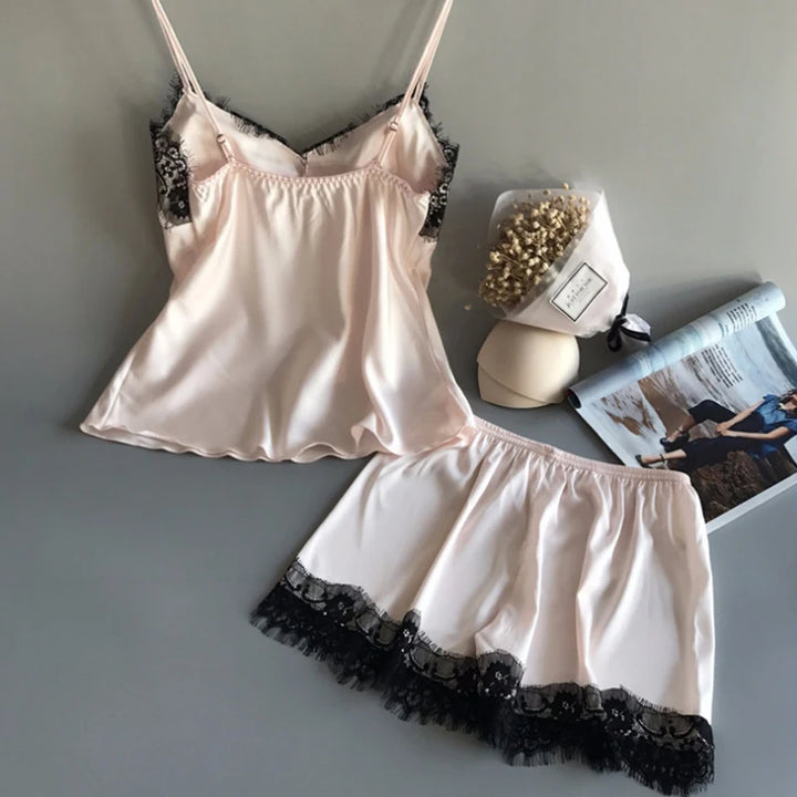 Suspenders pajama Women's Summer Sexy Ice Silk Lace Two Piece Set Home Clothes Thin Shorts V-neck Suspenders