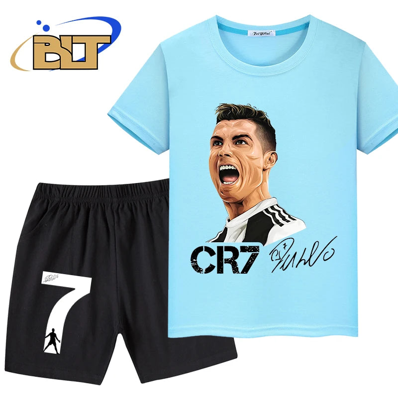 Ronaldo avatar printed children's clothing summer boys sports T-shirt suit casual shorts shorts 2-piece set