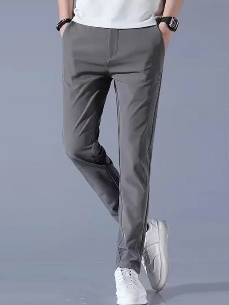 Men's casual pants, semi elastic waistband, nylon ice silk elastic straight tube, light gray, business gentleman, summer casual