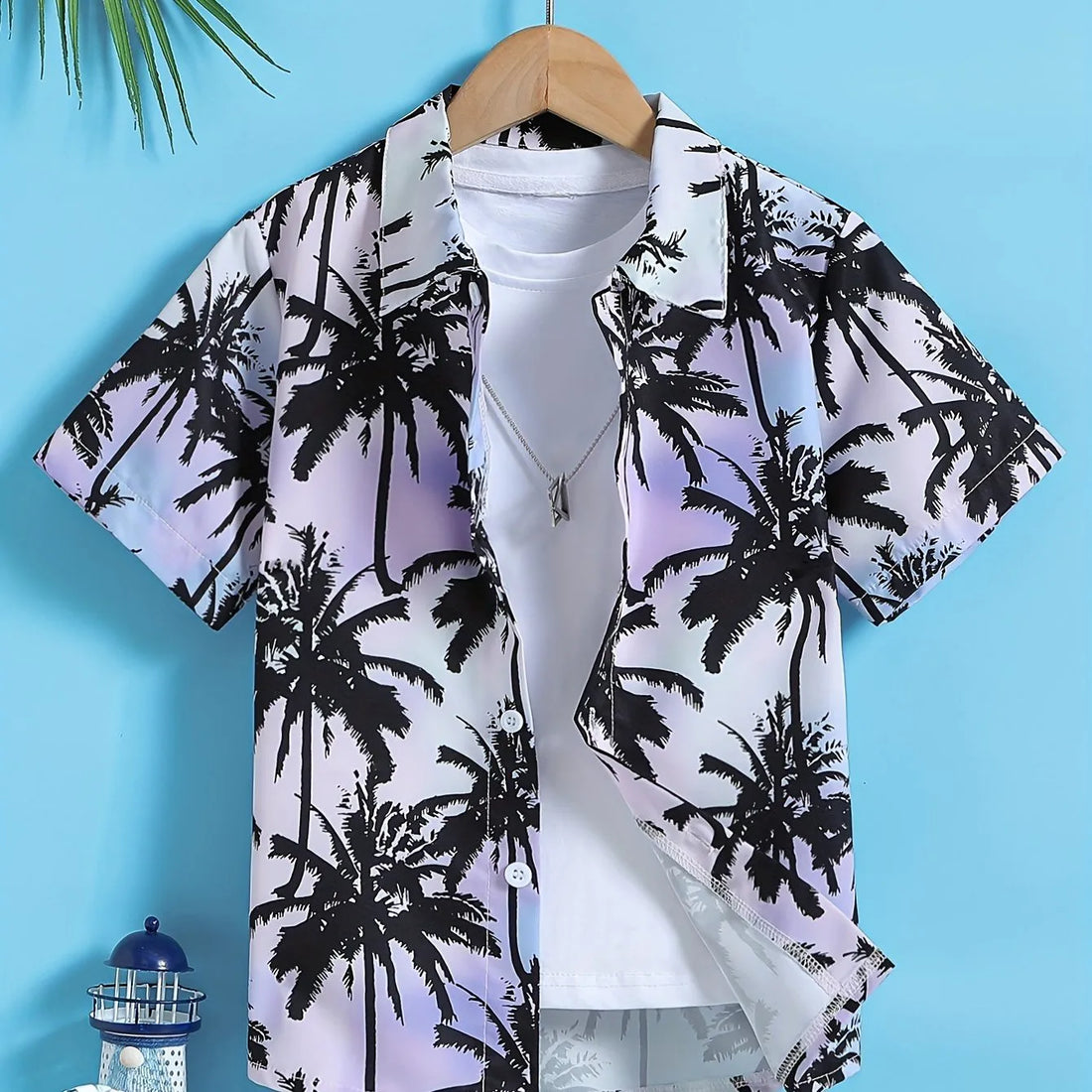 Casual Shirt Boy Beach Tropical Leaves and Coconut Tree Print Shirt Top Boys Creative Short Sleeve Shirt Lapel Tops Boys Clothes