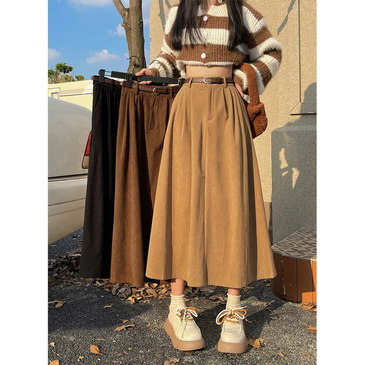 Vintage Belt Corduroy Midi Skirt Women High Waist Pleated A Line Skirts Autumn Winter Streetwear Korean Casual All Match Skirt