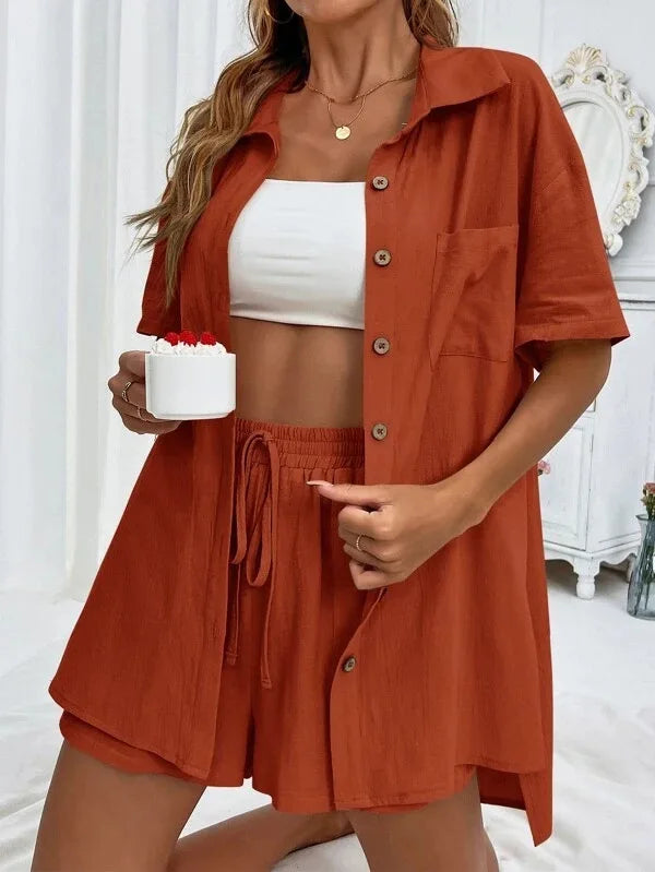 Long Sleeve Single breasted Top Broad legged Shorts Set Fashion Ladies Sexy Solid Suits 2023 Summer 2 Piece Outfits For Women