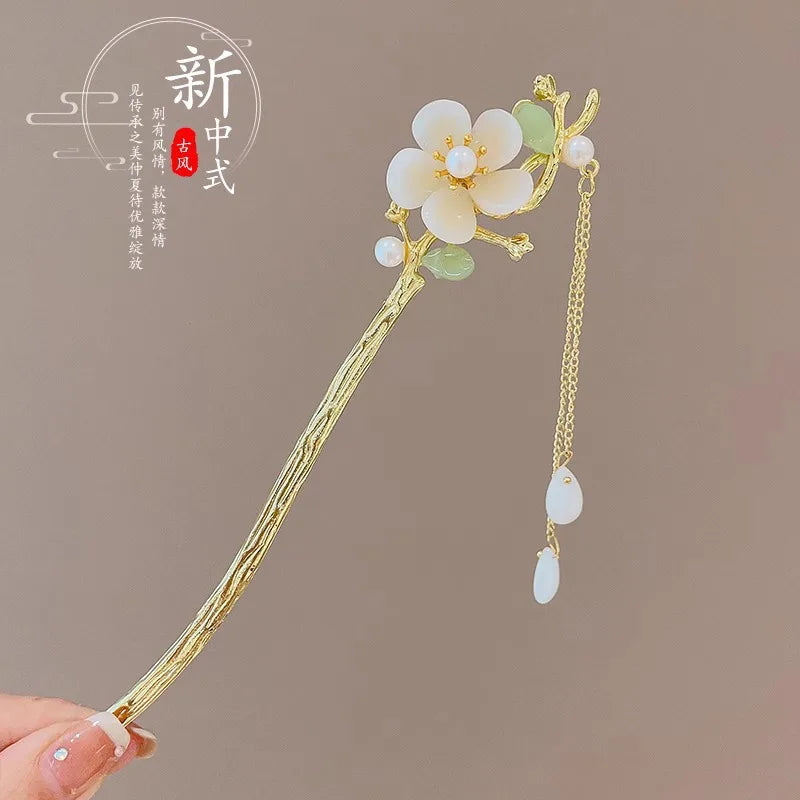 Elegant Chinese Style Hair Accessory Romantic Enameled Flower Tassel Hair Clip Alloy Jewelry Hairpin For Women Fashion Hairpin