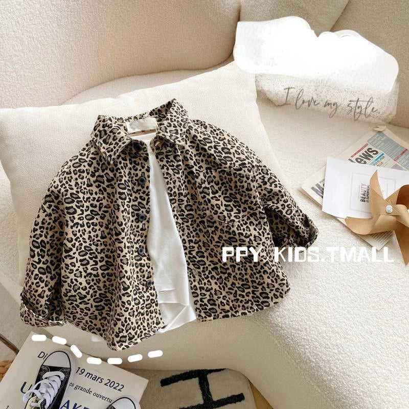 Boys T-shirt Turn-down Collar Leopard Print Button Long Sleeve Spring and Fall Cool Pretty Soft Cotton