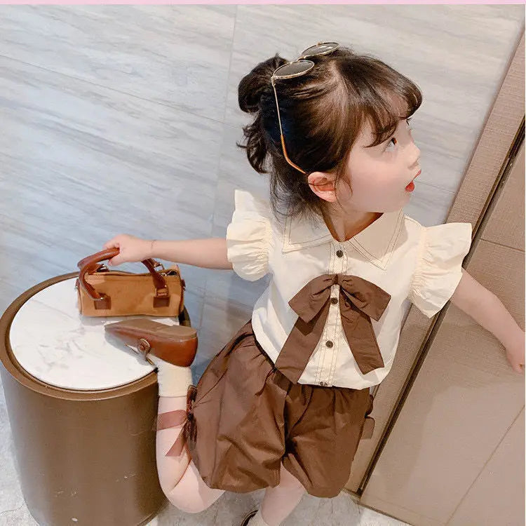 Girls Summer Set New Academy Style Girls Flying Sleeve Shirt + Flower Pants Two Piece Set Kids Outfits