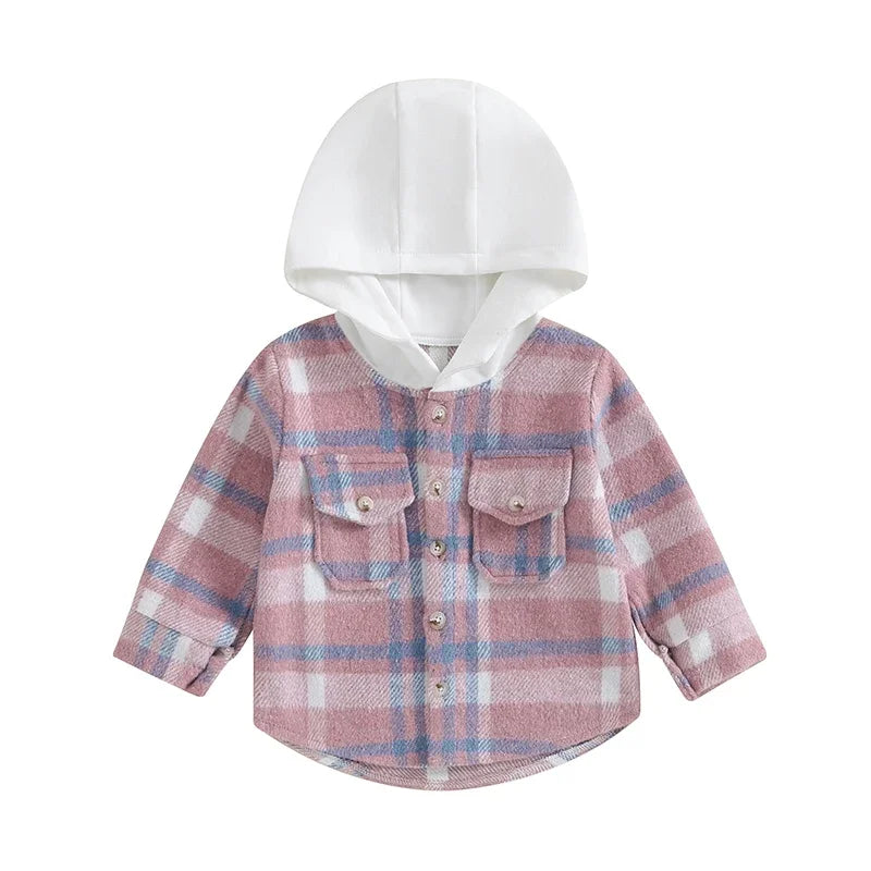 Lioraitiin Toddler Girl Boy Flannel Plaid Jacket Baby Long Sleeve Button Down Hooded Shirt Buffalo Shacket  Fall Winter Clothes