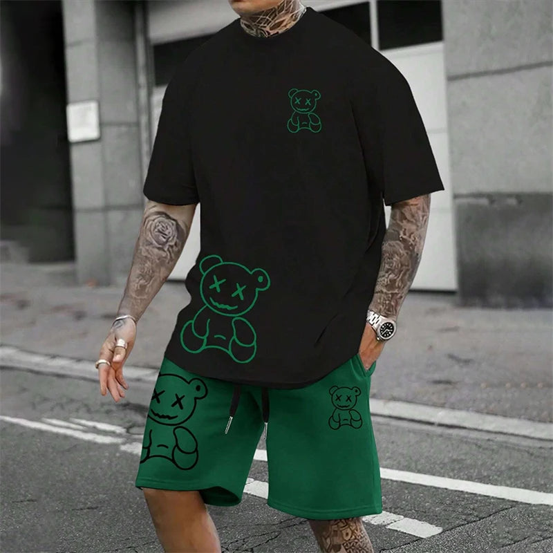 2025 Fun Bear Harajuku T-Shirt Men's Summer Loose Daily Couple Suit Outdoor Street Short Sleeve Shorts Two Piece Men Summer Suit