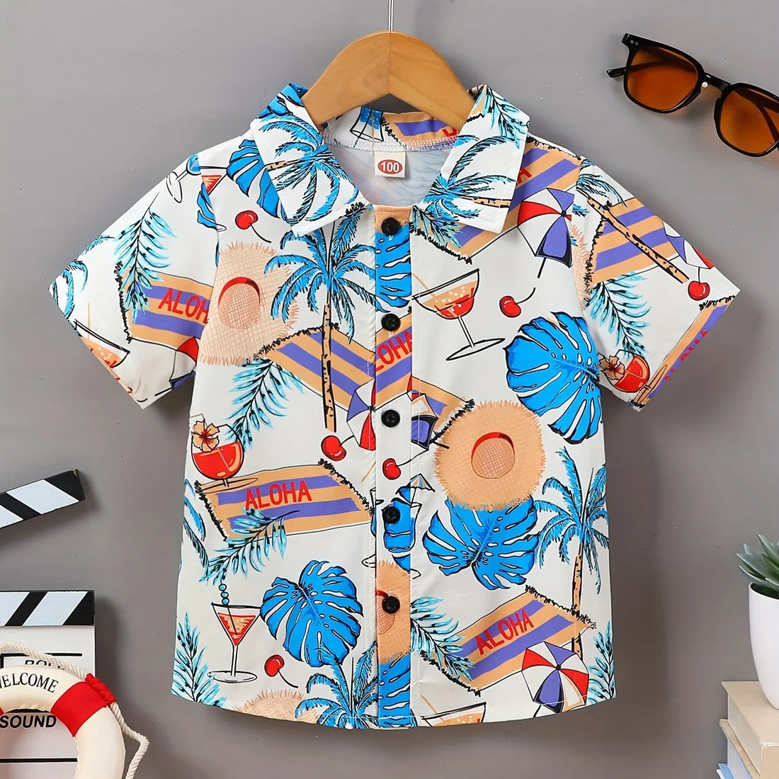 Casual Shirt Boy Beach Tropical Leaves and Coconut Tree Print Shirt Top Boys Creative Short Sleeve Shirt Lapel Tops Boys Clothes