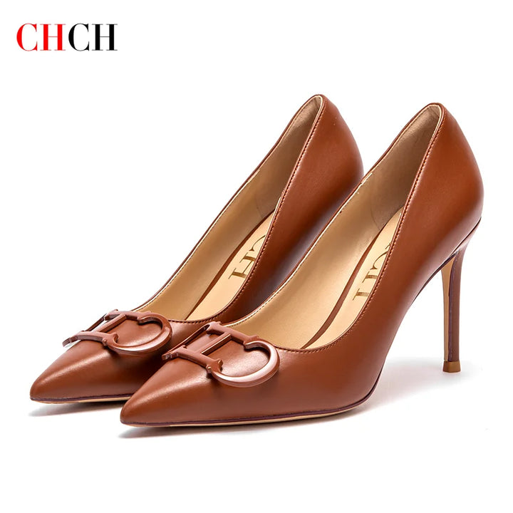 CHCH Women's High Heels New Pointed Metal Buckle Party Carnival Women's Shoes 9cm