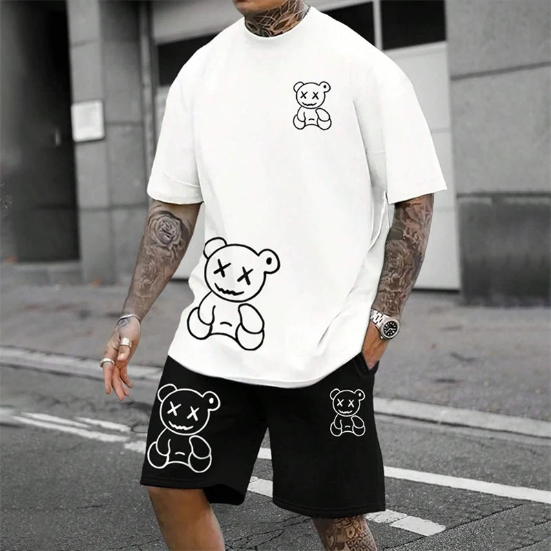 2025 Fun Bear Harajuku T-Shirt Men's Summer Loose Daily Couple Suit Outdoor Street Short Sleeve Shorts Two Piece Men Summer Suit