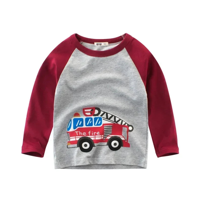 2025 Autumn T Shirt Cartoon Car T-shirt Boys Girls Baby Kids Clothes Cotton Long Sleeve Top for Boy Children's Clothing 2-9 Year