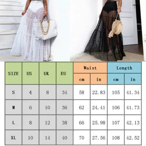 Women Summer Bikini Cover Ups Polka Dot Mesh Sheer High Waist Long Skirt See Through Beach Tulle Wrap Skirt Swimwear Swimsuit