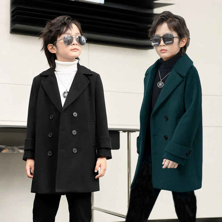 Kid Fromal Birthday Party Photography Woolen Coat Children Winter Green Khaki Wool Coat Boys Girls Windproof Outdoor Long Jacket