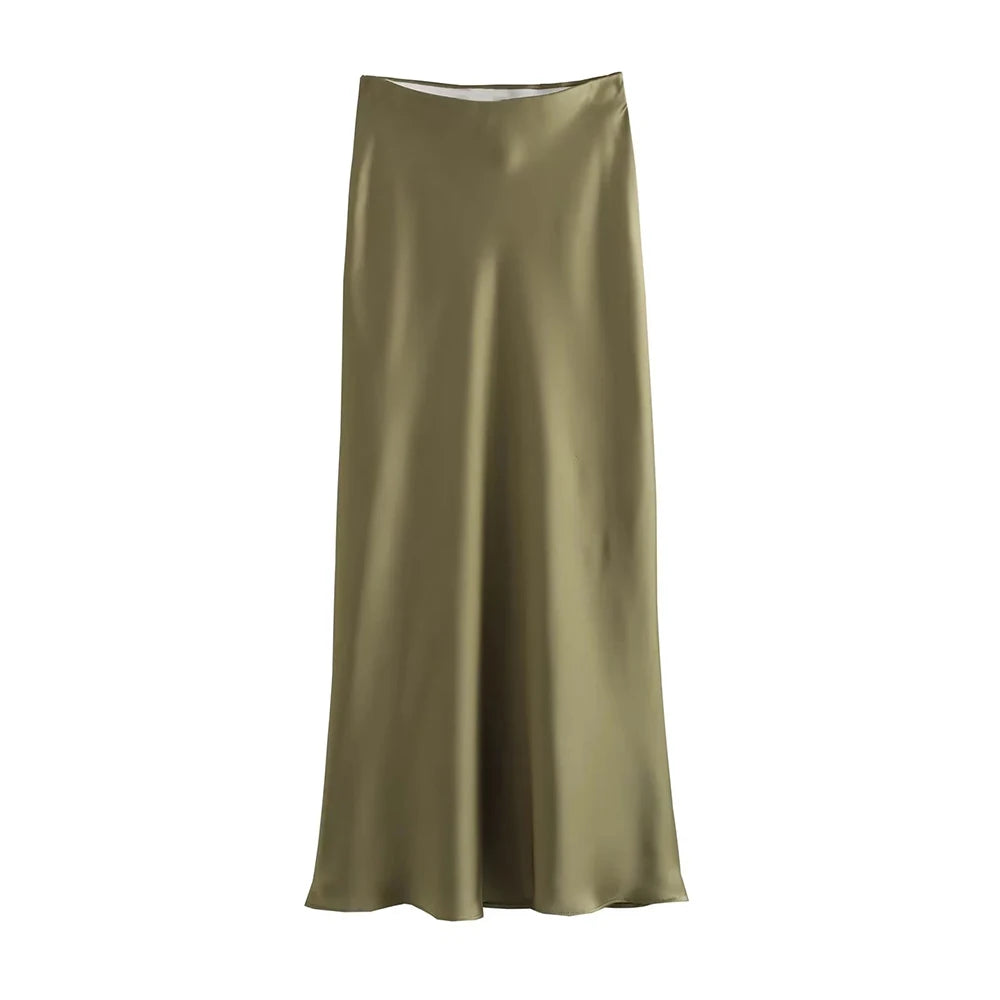 TRAF-Women's Flowing Satin Midi Skirt, High Waist With Elastic Waistband, Female Skirts, Chic Fashion