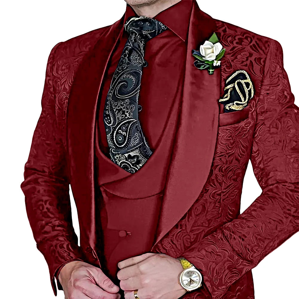 DMDRS | Jacquard Men's 3-piece Suit Set Formal Party Dress Groom's Tuxedo High Quality Elegant Men's Customized Outfit