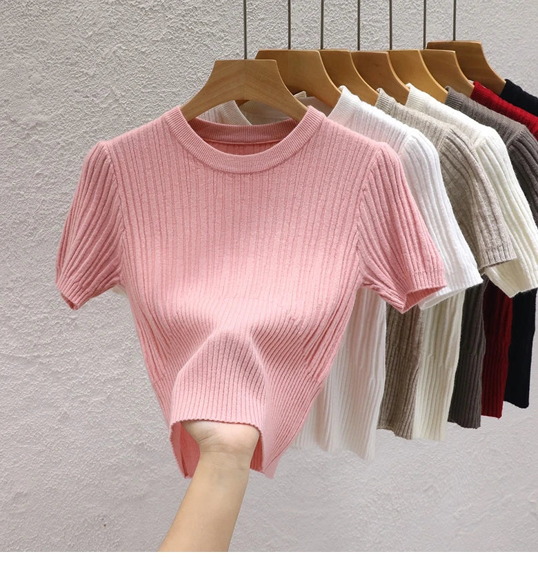 Summer T shirts for Women Casual Female Korean Knit Streetwear Tees Basic Solid Young Cool Tops