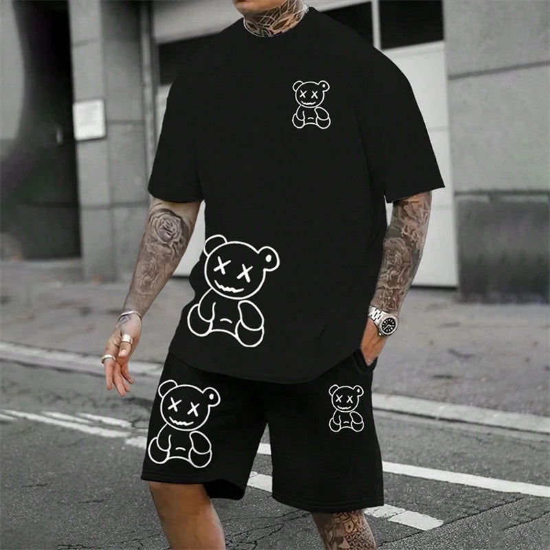 2025 Fun Bear Harajuku T-Shirt Men's Summer Loose Daily Couple Suit Outdoor Street Short Sleeve Shorts Two Piece Men Summer Suit