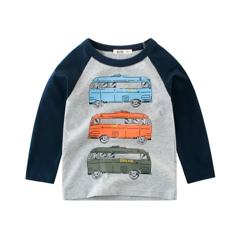 2025 Autumn T Shirt Cartoon Car T-shirt Boys Girls Baby Kids Clothes Cotton Long Sleeve Top for Boy Children's Clothing 2-9 Year