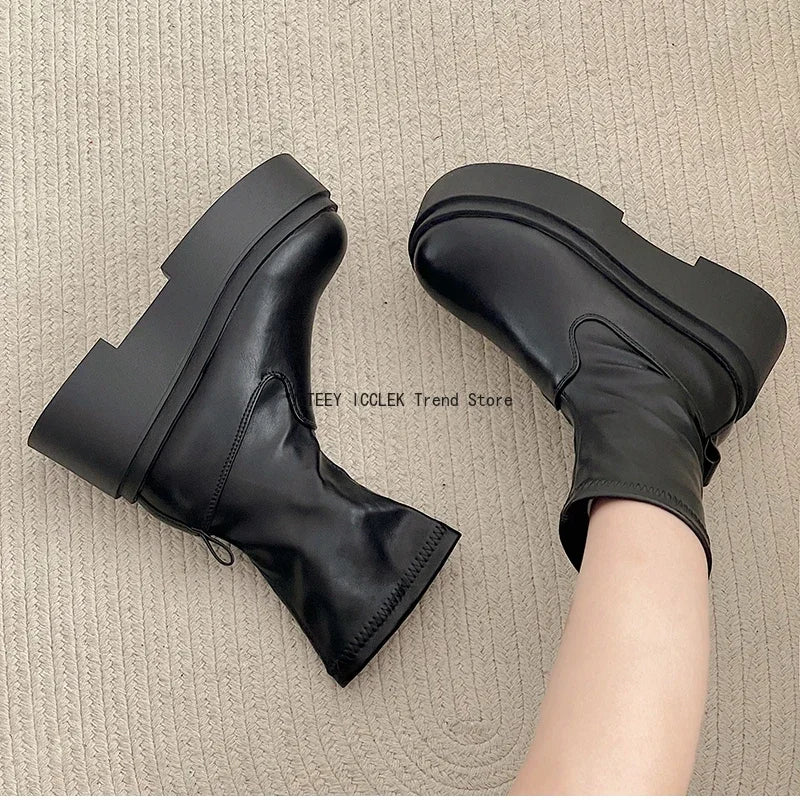 Chunky Women Knee High Boots Fashion Slip On Knight Long Booties Platform Flats Autumn Winter Shoes