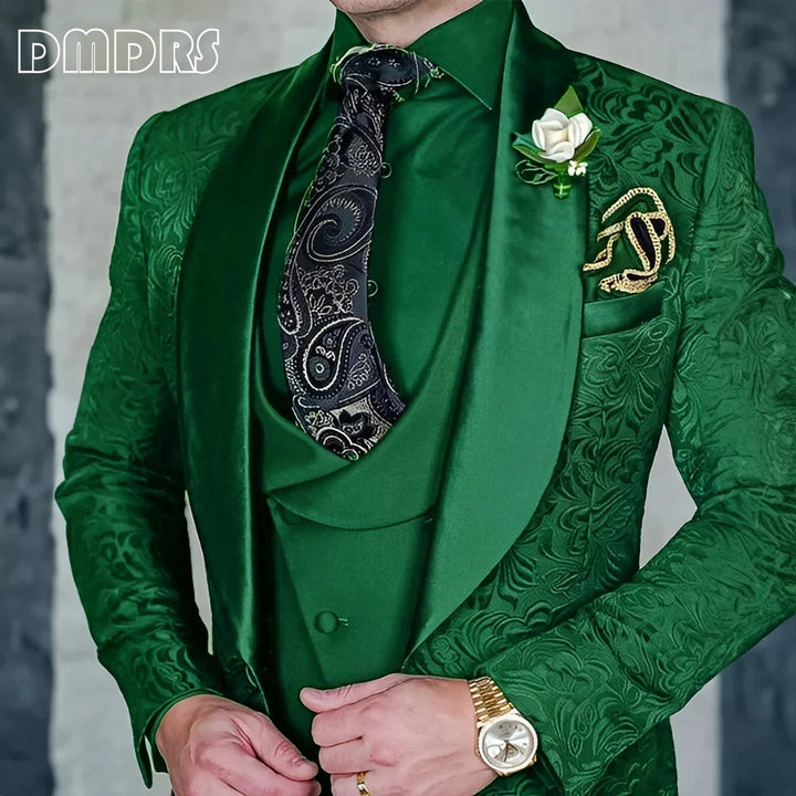 DMDRS | Jacquard Men's 3-piece Suit Set Formal Party Dress Groom's Tuxedo High Quality Elegant Men's Customized Outfit