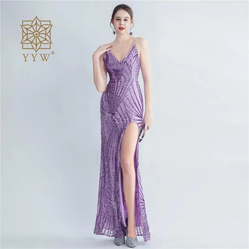 Backless Sexy Adjust Spaghetti Strap Women Mermaid Dress Evening Sequin Maxi Gala Gowns Celebration Formal Banquet Robe Wedding