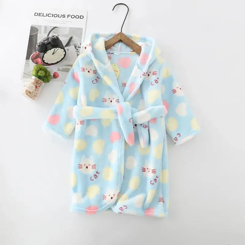 New Autumn Winter Kids Hooded Flannel Bathrobe Baby Bath Robes Boys Girls Cute Cartoon Soft Warm Pajamas Long Sleeve Towel Robe