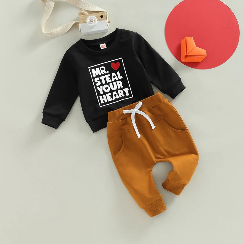 Baby Boy Valentines Day Outfits Infant Toddler Long Sleeve Shirt Love Heart Sweatshirt Top Pants Set Spring Clothes