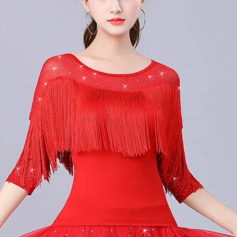 Women's Latin Dance Costume Glitter Sequin Tassels Modern Dance Practice Performance  Tops Tango Jazz Waltz Ballroom Dancewear