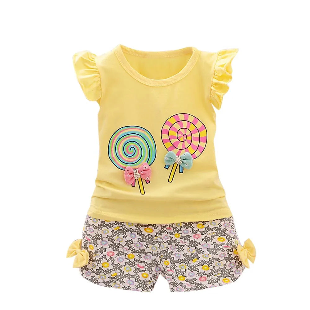 2 Piece Set For Toddler Girl 1~4 Years Children'S Clothing Kids Baby Girls Outfits Lolly T-Shirt Tops+Short Clothes Set 2t 3t 4t