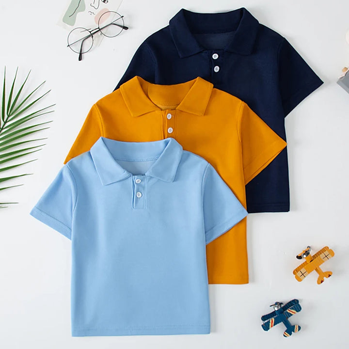 Children's solid color POLO shirt boy handsome fashion sports T-shirt girl lapel casual and comfortable half sleeve.