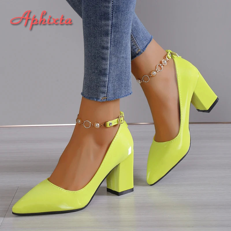 Aphixta 2024New Luxury Rhinestone Pearl Chain 7cm Chunky Heels Pumps Women Shoes String Bead Pointed Toe Bling Crystals Pumps