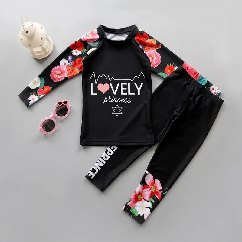 Two Piece Long Sleeve Cover up Flowers Korea swimwear beachwear girls bathing suits swimsuits kid