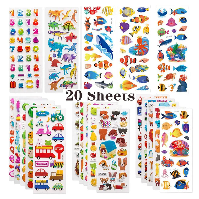 3D Stickers for Kids Toddlers 20/8 Different Sheets 3D Puffy Bulk Sticker Cartoon Education Classic Toy Children Boys Girl Gifts