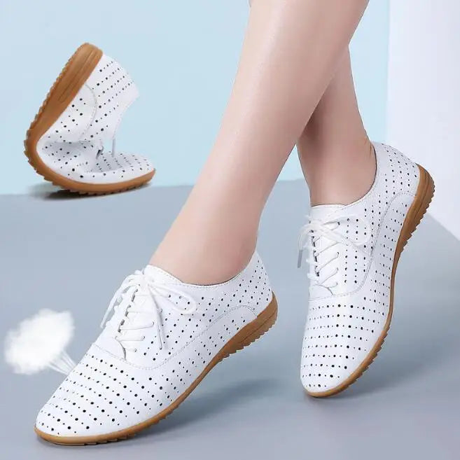 2024 New Spring Women Oxford Shoes Ballerina Flats Shoes Women Genuine Leather Shoes Moccasins Lace Up Loafers White Shoes 36-41