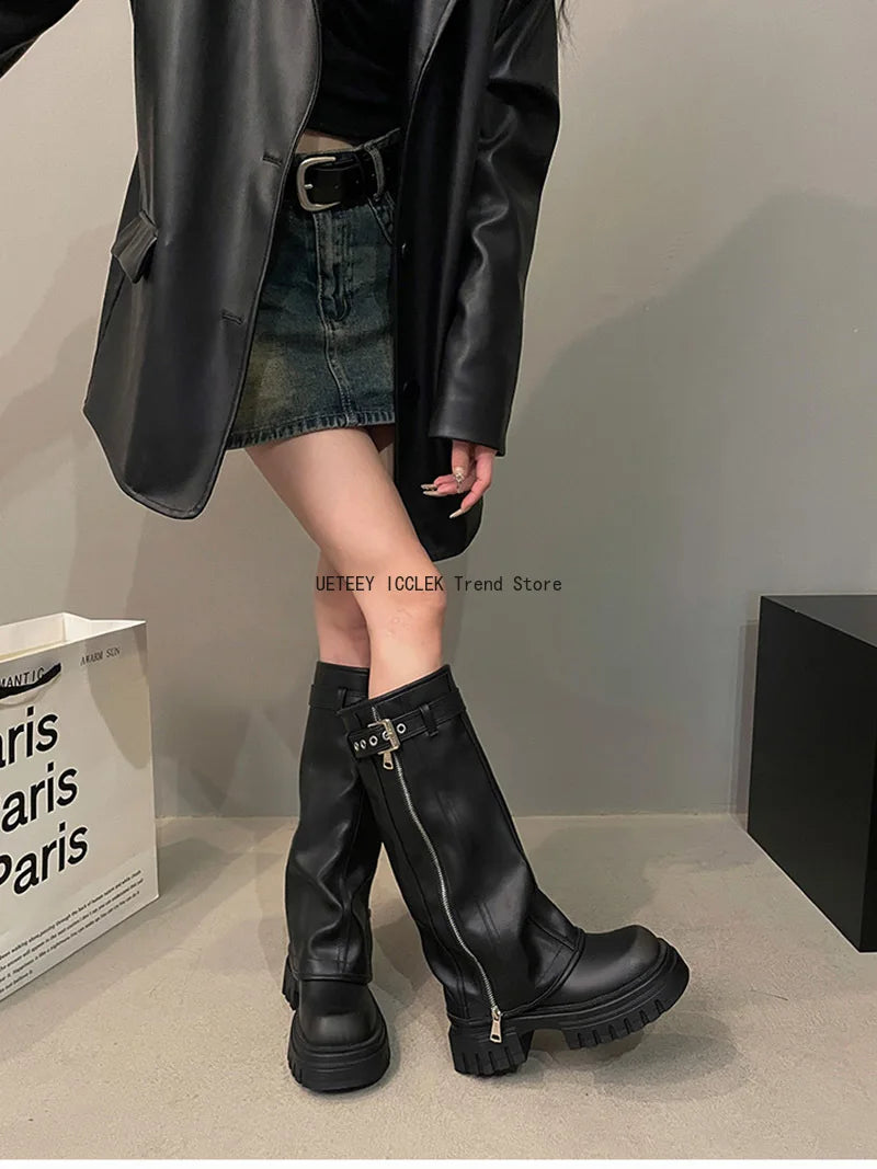 Winter Women Biker Boots Fashion Belt Buckle Ladies Elegant Platform Long Pipe Booties Casual Women's Knee High Booties