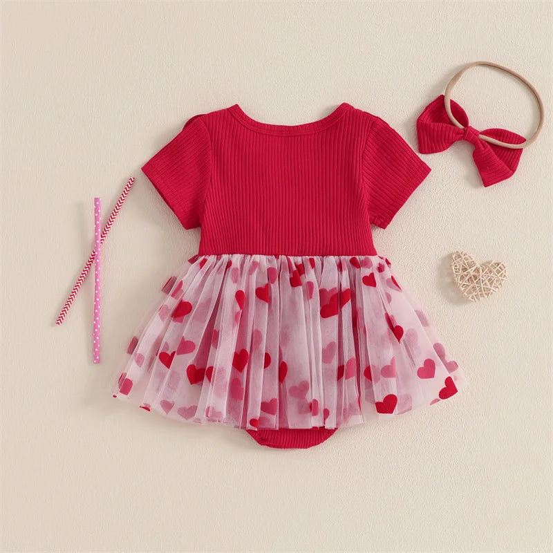 Cathery Kids Baby Girls Valentine's Day Rompers Dress Short Sleeve Heart Print Tulle Tutu Skirts Jumpsuit with Bow Headband 2025