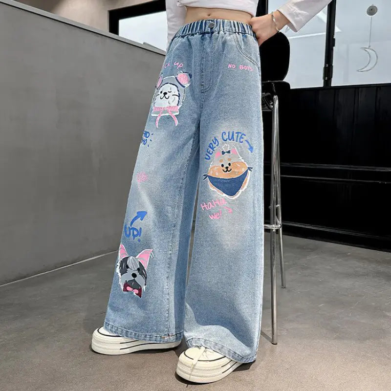 2024 Cartoon Fashion Pattern Jeans for Girl Loose Straight Denim Pants Lovely Print Kids Spring Autumn Korea Style Long Trousers