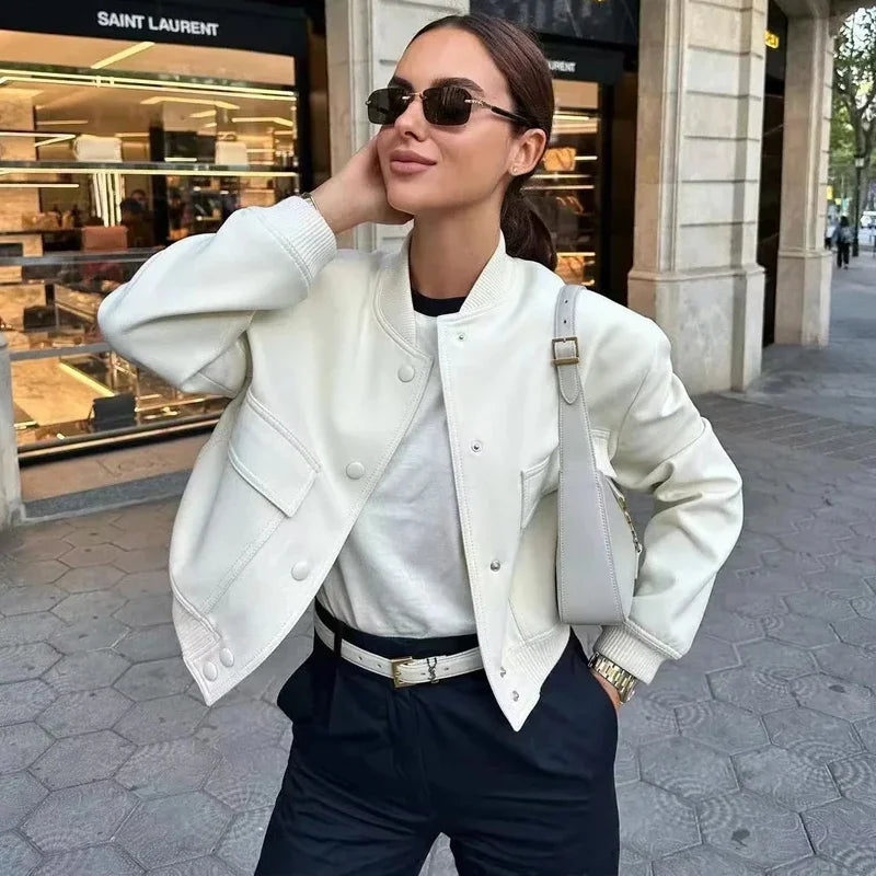 ASDS woman bomber jacket coat White autumn winter button baseball aviator cropped jackets for women long sleeve crop outerwear