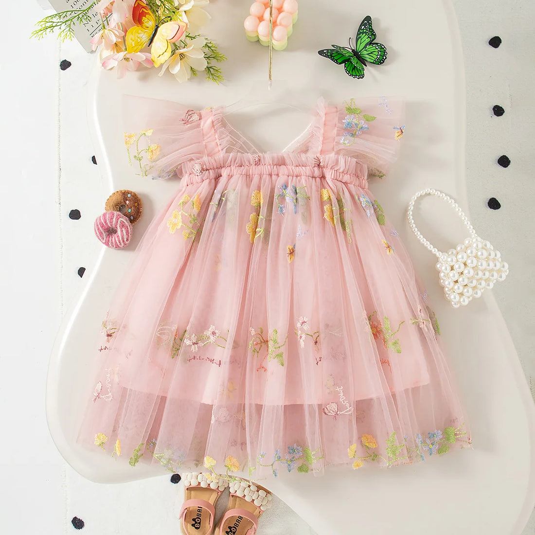 Summer New Girls' Dress Halter Small Flying Sleeve Embroidery Pattern Wings Sweet Princess Dress Mesh Princess Dress