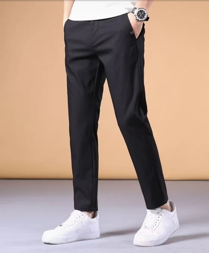 Men's casual pants, semi elastic waistband, nylon ice silk elastic straight tube, light gray, business gentleman, summer casual