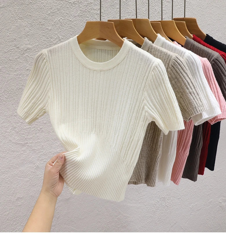 Summer T shirts for Women Casual Female Korean Knit Streetwear Tees Basic Solid Young Cool Tops