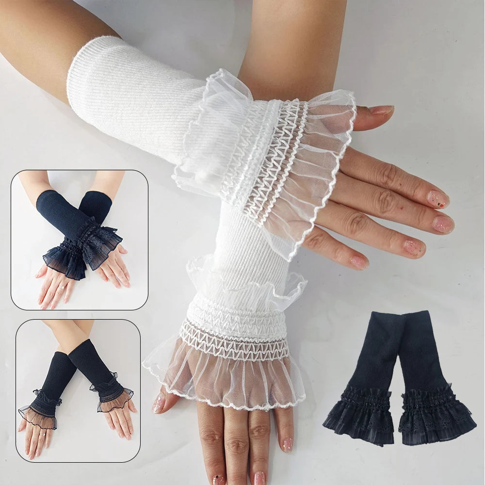 Women Long Elastic Arm Sleeve Lace Knitting Wrist Cuffs Winter Warm Comfort Soft Mittens Girls Lolita False Cuffs Sweater Decor