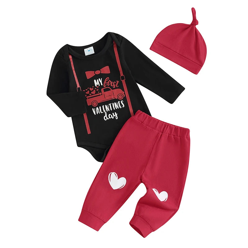 Baby Boys My First Valentines Day Outfits Long Sleeve Truck Print Romper Pants Hat Set Infant Baby Boys Clothes Set